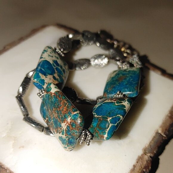 Vintage Silver Necklace Unknown Stone Brown Turquoise Tone Chunky Statement - Picture 13 of 16